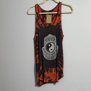 Women's Tie-Dye Racerback Tank Top with Yin Yang Hamsa Graphic - Red/Black